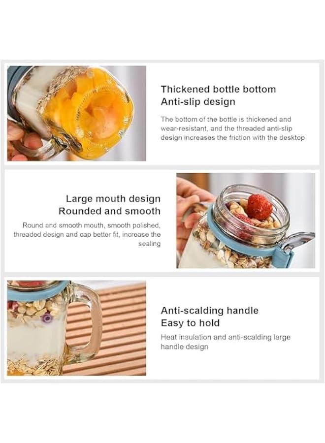 هوكور HOOKOR 2 PCS Overnight Oat Jars, with Lid, Spoon and Handle, 480ml for Overnight Oats, Oatmeal, Yogurt, Parfait, Chia Pudidng, Salad, Cereal, Fruit (White+Blue) - Image 4