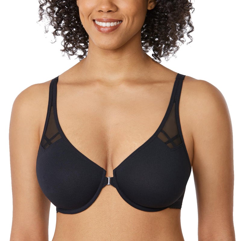 DELIMIRA Women's Front Closure Racerback Bras Plus Size Full Coverage Supportive Underwire Plunge Unlined Bra Black 38D - Image 1