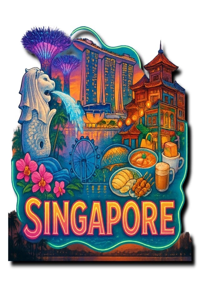 COMONOT Singapore Design Decorative Wooden Fridge Magnet, HD Print, 7.6x7.6 cm, International Singapore Souvenir | Fridge Decoration Magnet for Kitchen & Home Decor | Stylish Fridge Magnet - Image 1