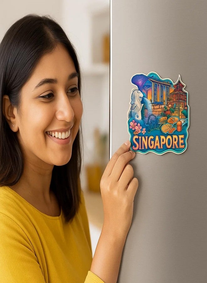 COMONOT Singapore Design Decorative Wooden Fridge Magnet, HD Print, 7.6x7.6 cm, International Singapore Souvenir | Fridge Decoration Magnet for Kitchen & Home Decor | Stylish Fridge Magnet - Image 4