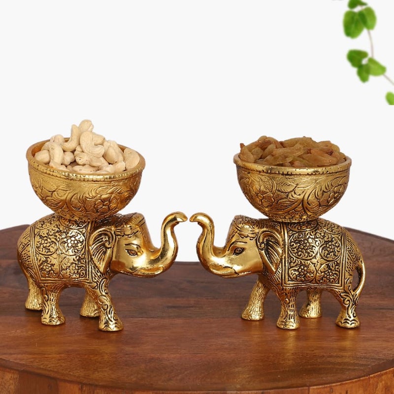 SMILES GIFT Gold Plated (Pair of 2) Elephant Bowl Set | Aluminium Figurine | for Dry Fruits, Sweets, Home Dcor & Return Gift - Image 1