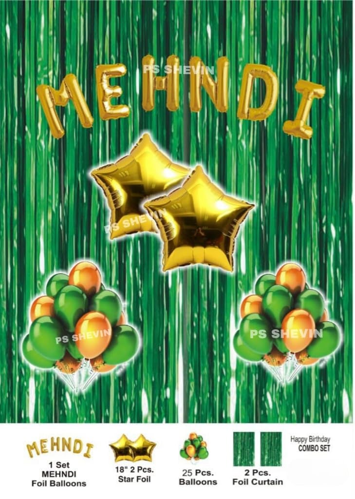 ps shevin MEHNDI Decoration Balloons Combo Set For Brides And Bridegrooms - MEHNDI Ceremony Decoration items, Foil Balloons, Curtains, Star Foil |UJN195.12.56