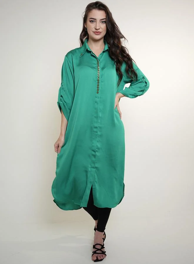 Elena by DStyle Elena by DStyle Beaded Placket Detail Longline Satin Shirt
