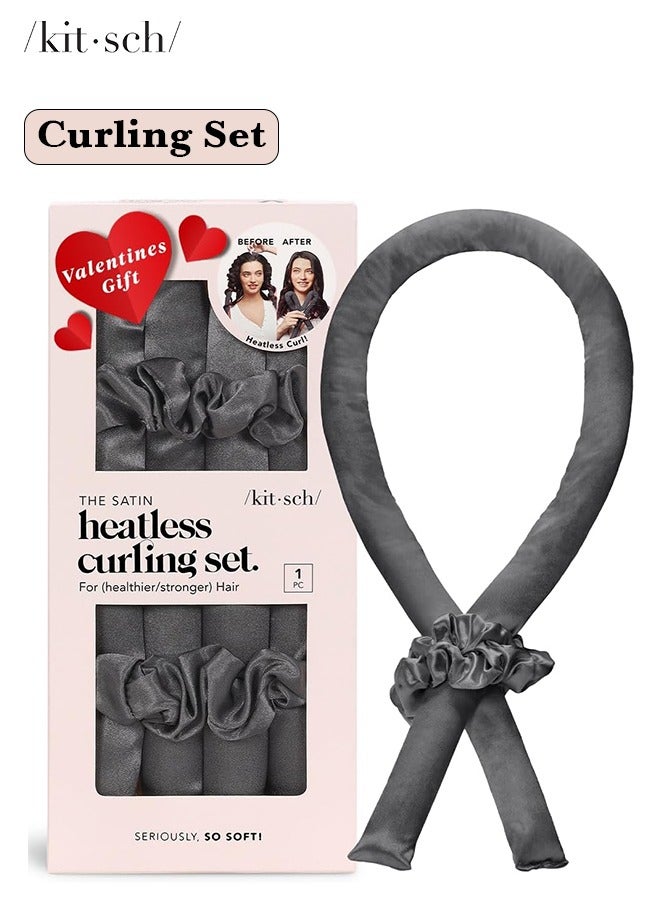 Kitsch Satin Heatless Curling Set, No Heat Hair Rollers for Effortless Overnight Curls, Includes Curling Rod and Satin Scrunchies in Charcoal - Image 1