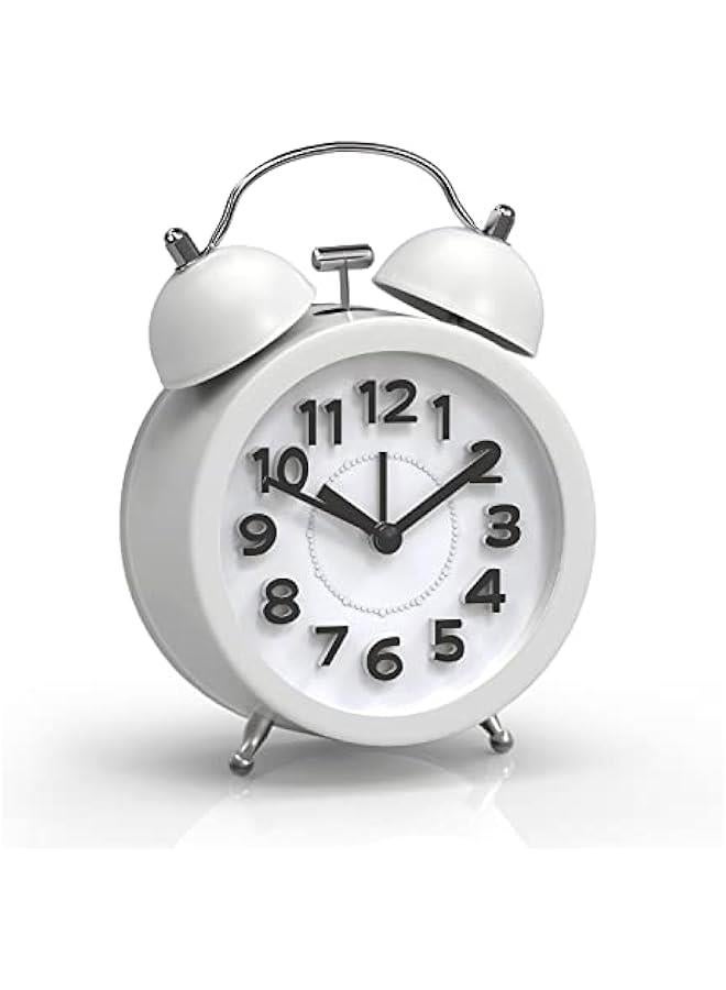 ساعة منبه صغيرة بصوت عالٍ للنائمين العميقين، ساعة منبه ثنائية الجرس تعمل بالبطارية، ساعة تناظرية مع ضوء لغرفة النوم، بيضاء - Image 1