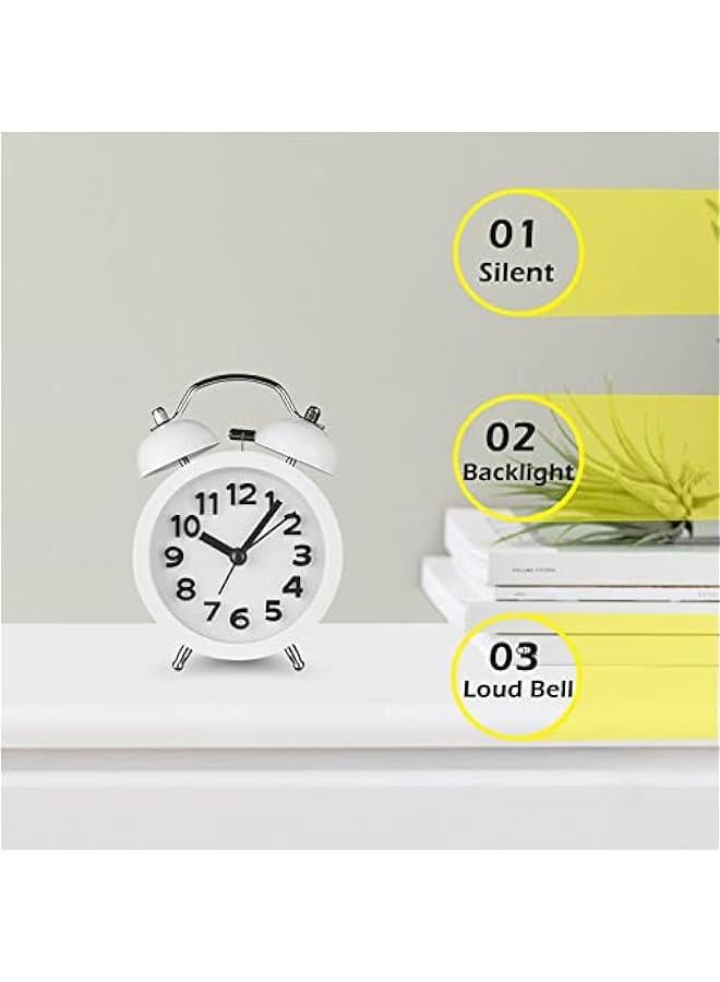 ساعة منبه صغيرة بصوت عالٍ للنائمين العميقين، ساعة منبه ثنائية الجرس تعمل بالبطارية، ساعة تناظرية مع ضوء لغرفة النوم، بيضاء - Image 3