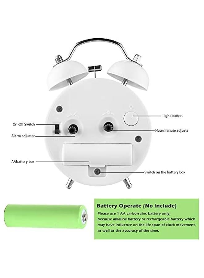 ساعة منبه صغيرة بصوت عالٍ للنائمين العميقين، ساعة منبه ثنائية الجرس تعمل بالبطارية، ساعة تناظرية مع ضوء لغرفة النوم، بيضاء - Image 4