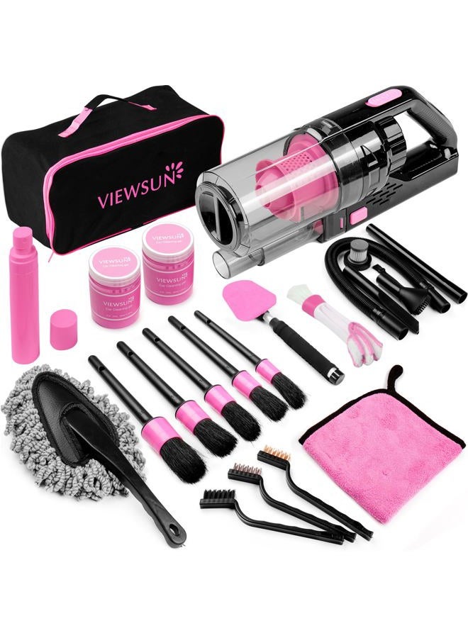 Viewsun 17pcs Car Cleaning Kit, Pink Car Interior Detailing Kit with High Power Handheld Vacuum, Detailing Brush Set, Windshield Cleaner, Cleaning Gel, Complete Auto Accessories for Women Gift - Image 1