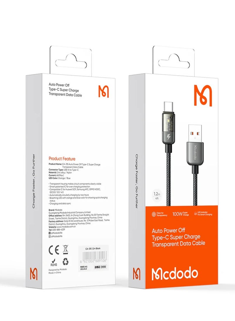 Mcdodo CA3150 Auto Power Off 6A Type-C Super Charge Transparent Data Cable 1.2m - Image 2