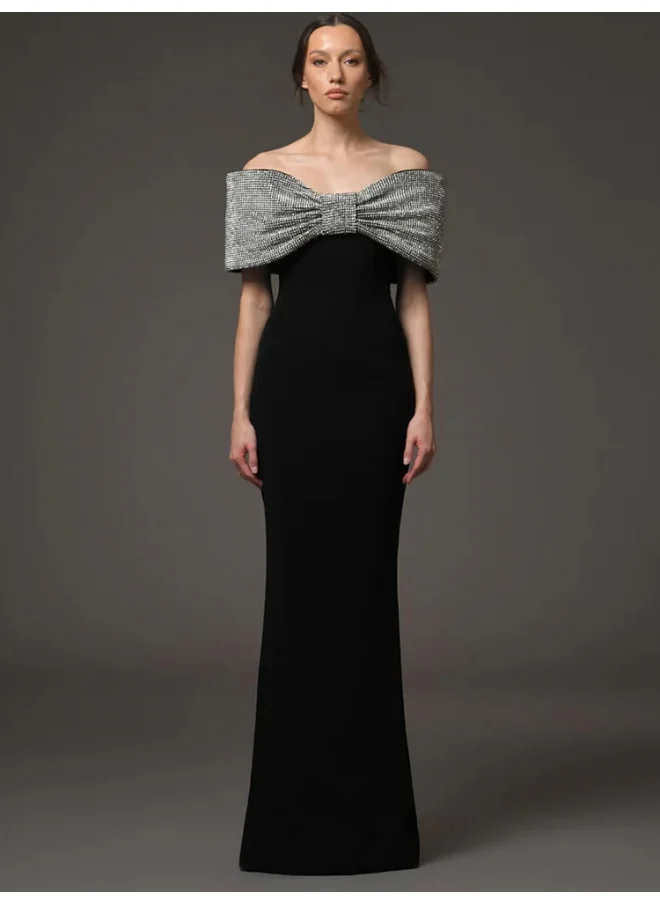 Madam Uniq Fashion Heavy-Duty Rhinestone Bow Long Dress - Celebrity Gown