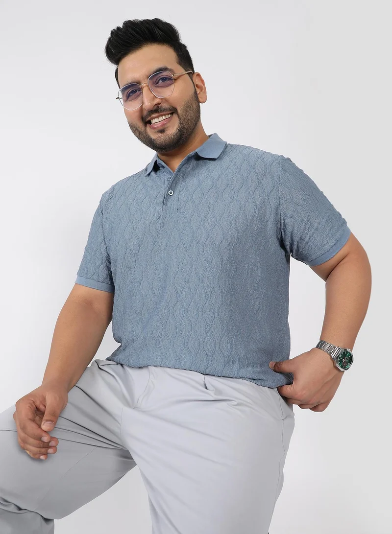 Men Marquise-Tactile Knit Polo T-Shirt | Polo Neck , Rib-Cuff Sleeve | Half-Button Closure , Straight Hem | Geometric Regular-Fit | Knitted Fabric For Casual & Daily Wear | Steel Blue