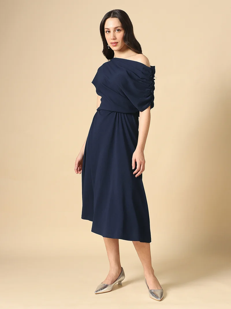 globus Globus Women Navy Blue One Shoulder Ruched Sleeve Self Design Fit & Flare Midi Dress
