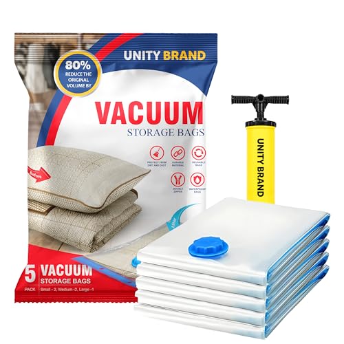 UB Unity Brand Unity Brand 5 Pack Vacuum Bags for Travel with Hand Pump Airtight Reusable Space Saver Compression Storage Bags for Packing, Vaccine Sealer Bags with Ziplock (1 Large/2 Medium/2 Small) (Pack Of 5) - Image 1