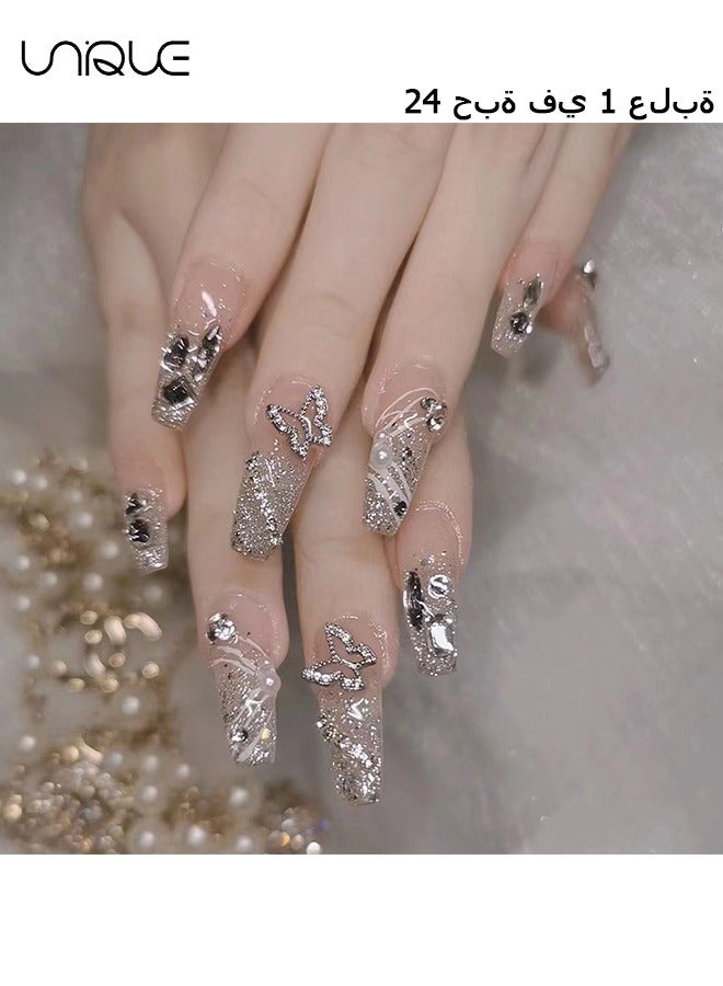 Unique 24Pcs Fake Nails, Press Nails, Mid-length Ballet Manicure - Sparkling Diamond Manicure - Silver Butterfly Diamond Manicure - Fake Nail Patch - Image 1