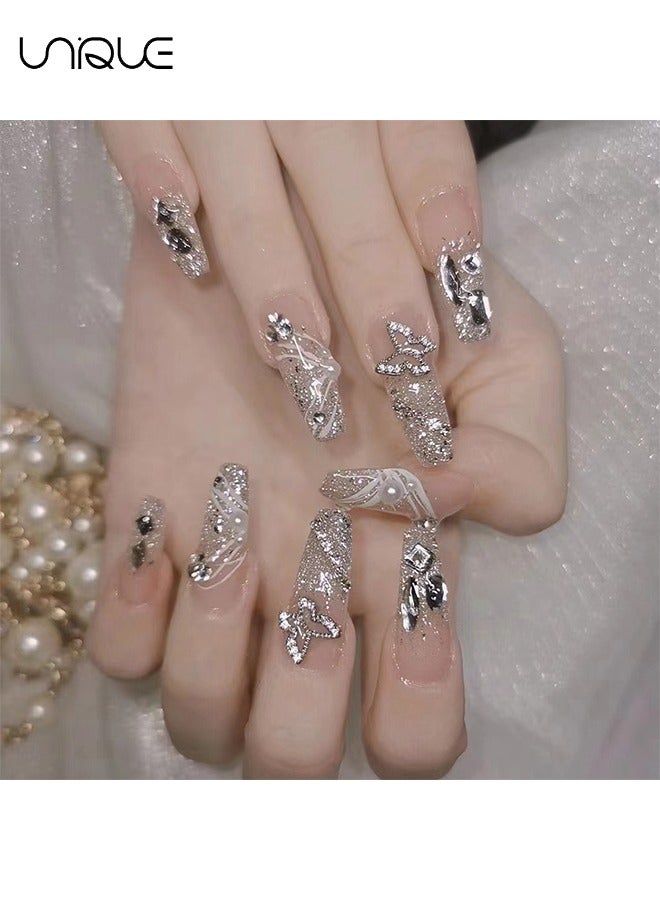 Unique 24Pcs Fake Nails, Press Nails, Mid-length Ballet Manicure - Sparkling Diamond Manicure - Silver Butterfly Diamond Manicure - Fake Nail Patch - Image 5