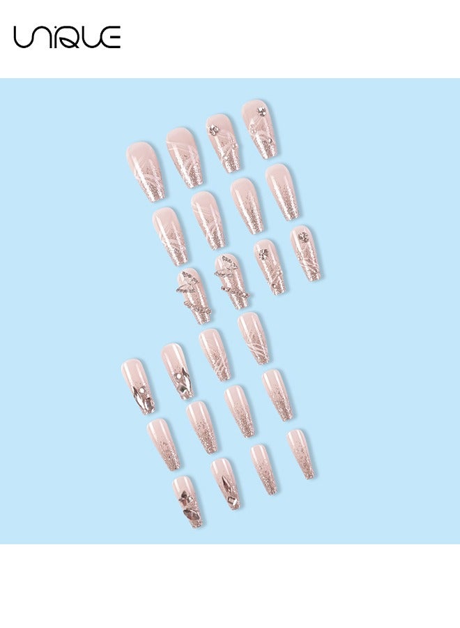 Unique 24Pcs Fake Nails, Press Nails, Mid-length Ballet Manicure - Sparkling Diamond Manicure - Silver Butterfly Diamond Manicure - Fake Nail Patch - Image 3