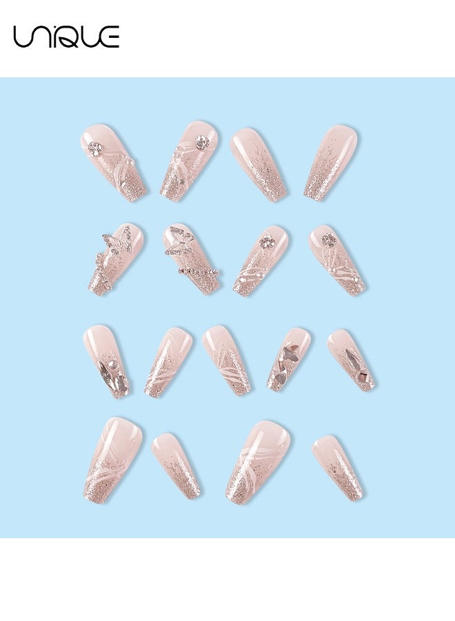 Unique 24Pcs Fake Nails, Press Nails, Mid-length Ballet Manicure - Sparkling Diamond Manicure - Silver Butterfly Diamond Manicure - Fake Nail Patch - Image 2