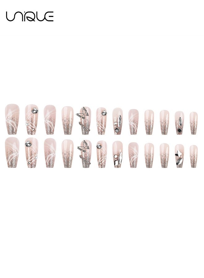Unique 24Pcs Fake Nails, Press Nails, Mid-length Ballet Manicure - Sparkling Diamond Manicure - Silver Butterfly Diamond Manicure - Fake Nail Patch - Image 4