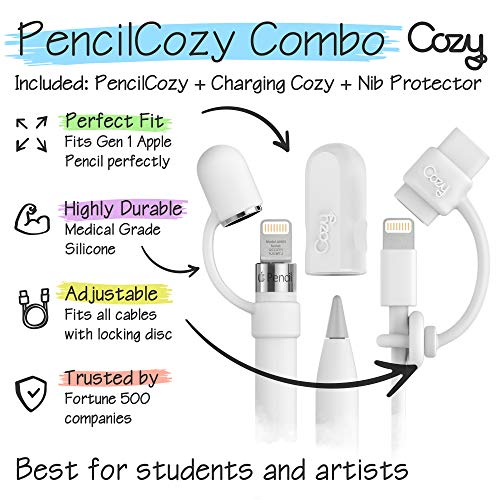 Cozy [4-Piece] PencilCozy Combo Pack Cozy - Original Apple Pencil Accessories (Cap Holder/Keeper/Tether) Compatible Apple iPad Pro iPencil Charger/Nib | Case Friendly Design (White-Combo) - Image 4