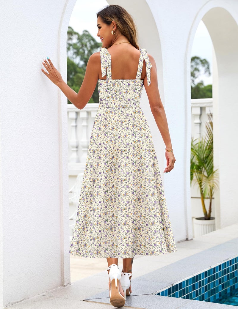 Zattcas Floral Summer Maxi Dresses for Women 2026 Spaghetti Strap Square Neck Cute Flowy Long Sundress Seniors Italian Bohemian Boho Beach Vacation Wedding Guest Dress LightYellow M - Image 4