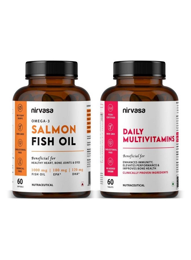 Nirvasa كبسولات زيت سمك السلمون أوميغا-3 من نيرفاسا وأقراص متعددة الفيتامينات | تدعم صحة القلب والمناعة والطاقة والرفاهية | مكمل أوميغا-3 ومتعدد الفيتامينات اليومي للرجال والنساء | 60 كبسولة لينة + 60 قرص - Image 1