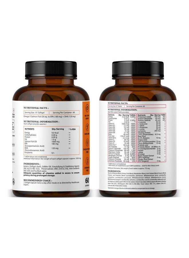 Nirvasa كبسولات زيت سمك السلمون أوميغا-3 من نيرفاسا وأقراص متعددة الفيتامينات | تدعم صحة القلب والمناعة والطاقة والرفاهية | مكمل أوميغا-3 ومتعدد الفيتامينات اليومي للرجال والنساء | 60 كبسولة لينة + 60 قرص - Image 4