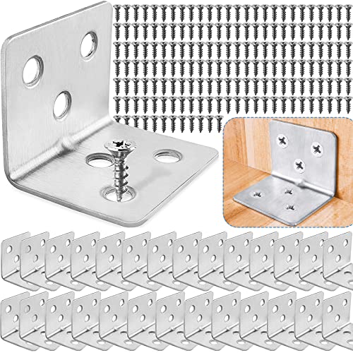 Carooyac 28PCS L Brackets for Wood + 168PCS Screws, Stainless Steel Corner Braces for Wooden Shelves, Heavy Duty Metal Angle Brackets - Image 1