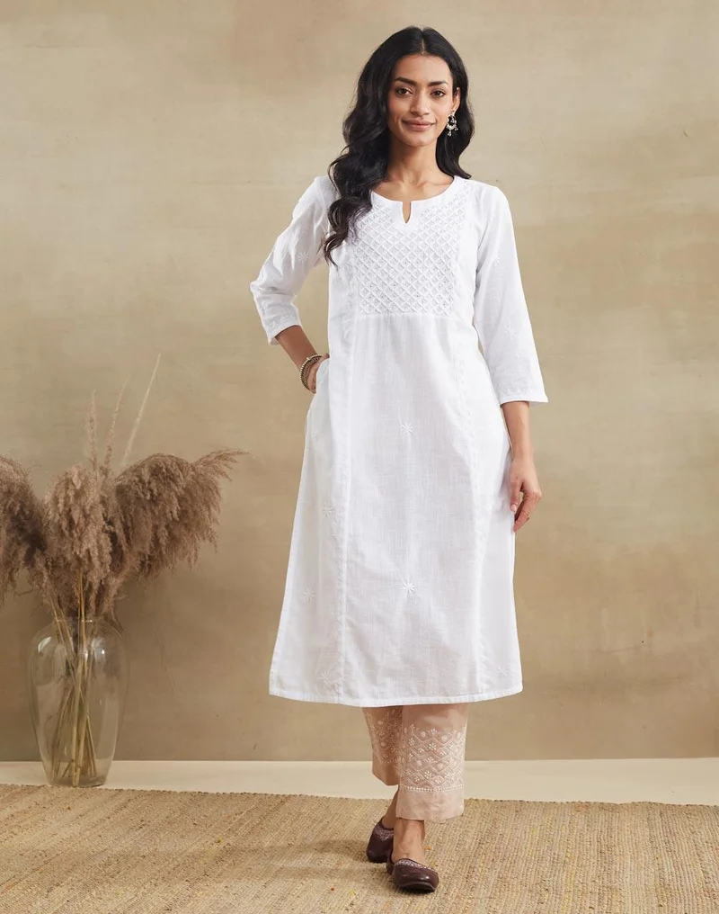 فاب انديا Offwhite Cotton Chikankari Long Kurta