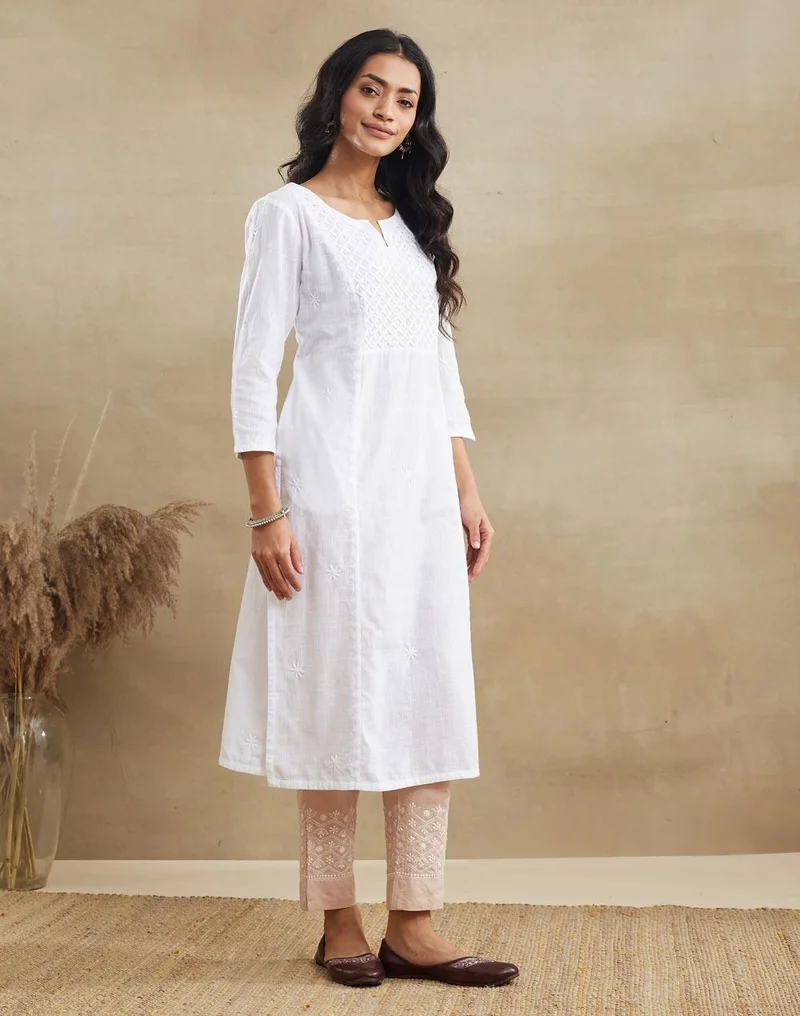 Fabindia  Offwhite Cotton Chikankari Long Kurta for Women | Best Price UAE