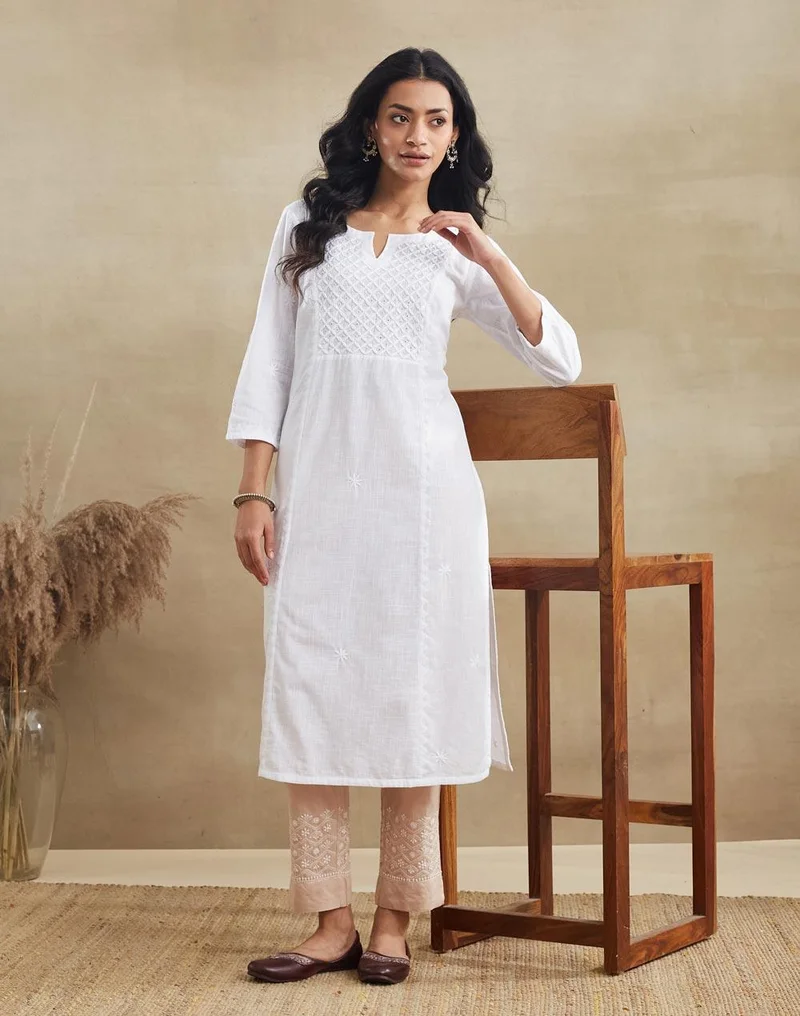 فاب انديا Offwhite Cotton Chikankari Long Kurta