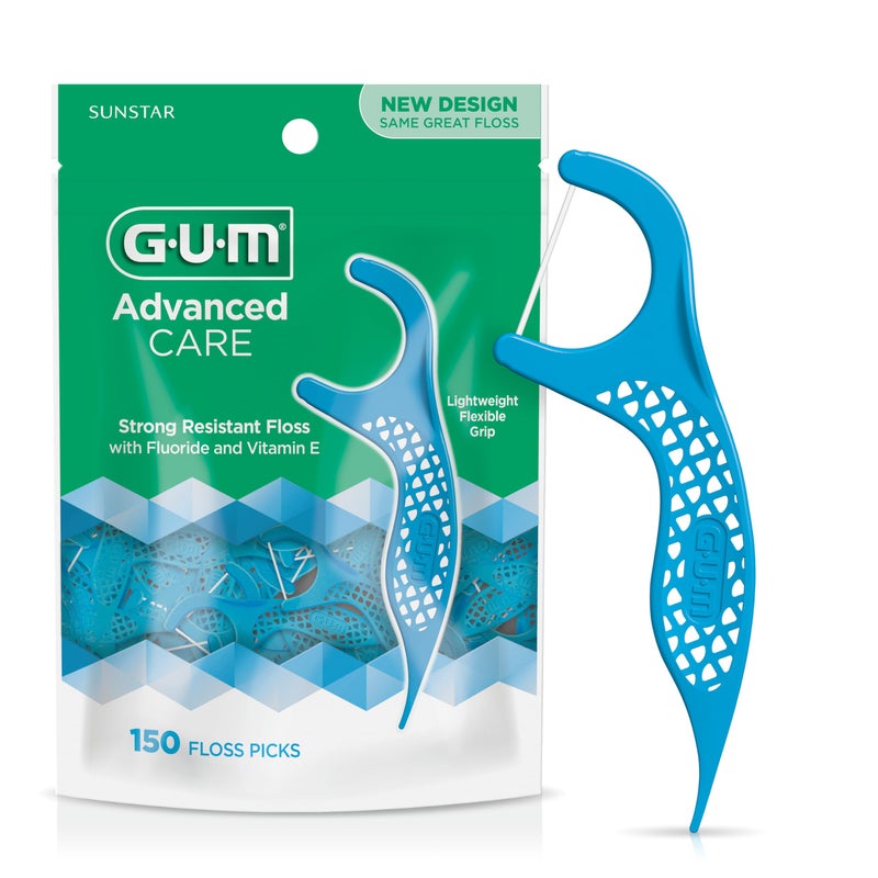 GUM Advanced Care Floss Picks - Dental Flossers for Adults with Vitamin E and Fluoride - Extra Strong Shred-Resistant Dental Floss, Easy Grip Handle, Fresh Mint Flavor, 150 Count - Image 1