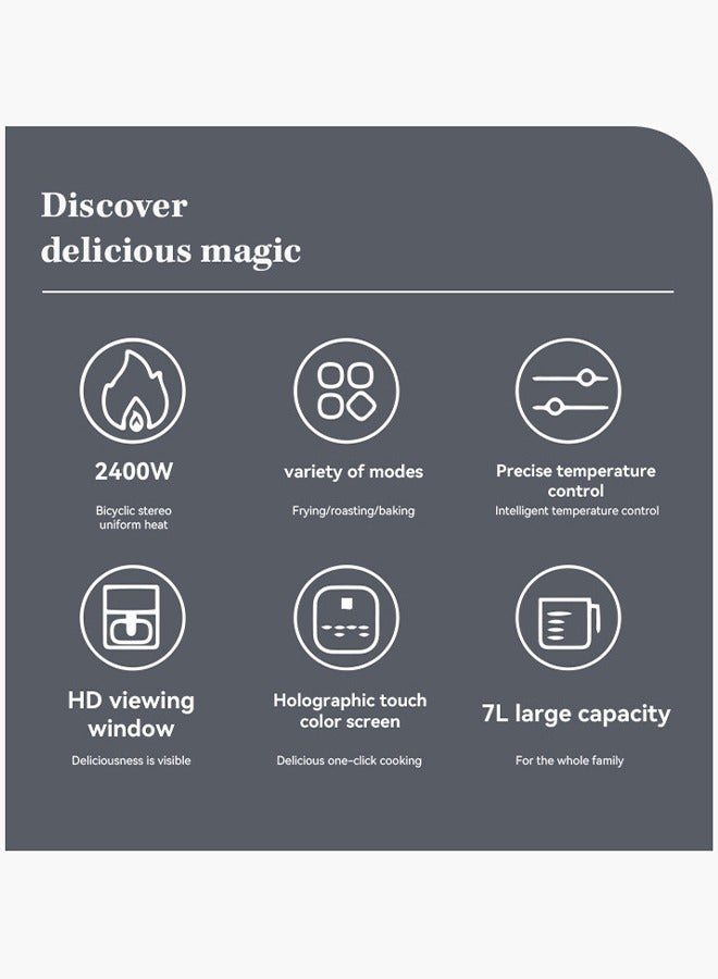 DUNISO Air fryer, multifunctional intelligent visual oven, stainless steel fryer, non stick, detachable, 2400W, suitable for deep frying, grilling, deep frying and baking, 7L, black  - Image 5