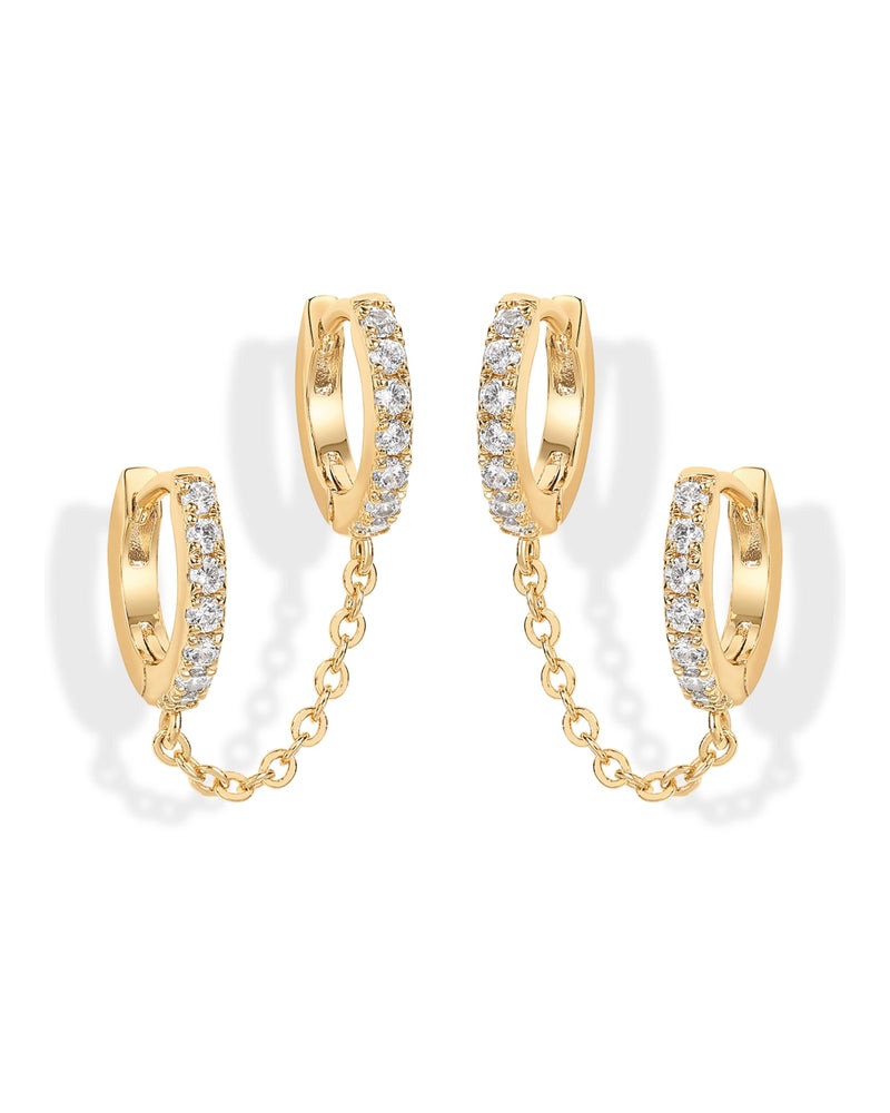 PAVOI 14K Gold Chain Earrings for Women | Double Piercing Dangle Chain Huggie Hoop Earrings | Cubic Zirconia Pearl Stud Ear Cuff Earrings for Women - Image 1