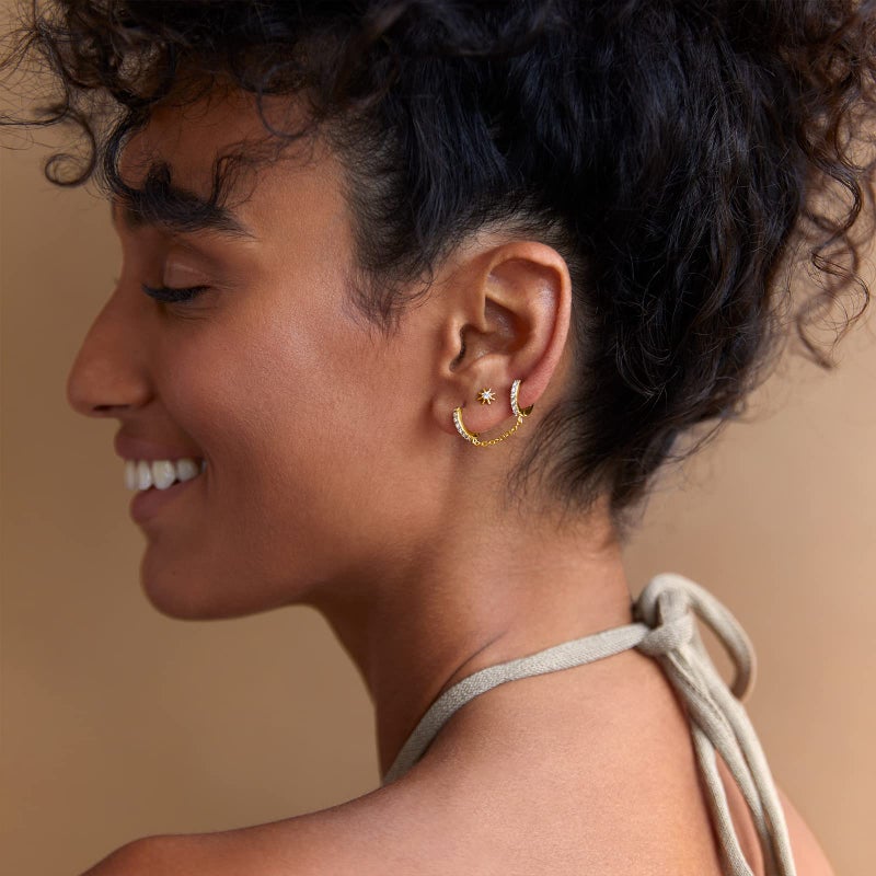 PAVOI 14K Gold Chain Earrings for Women | Double Piercing Dangle Chain Huggie Hoop Earrings | Cubic Zirconia Pearl Stud Ear Cuff Earrings for Women - Image 2