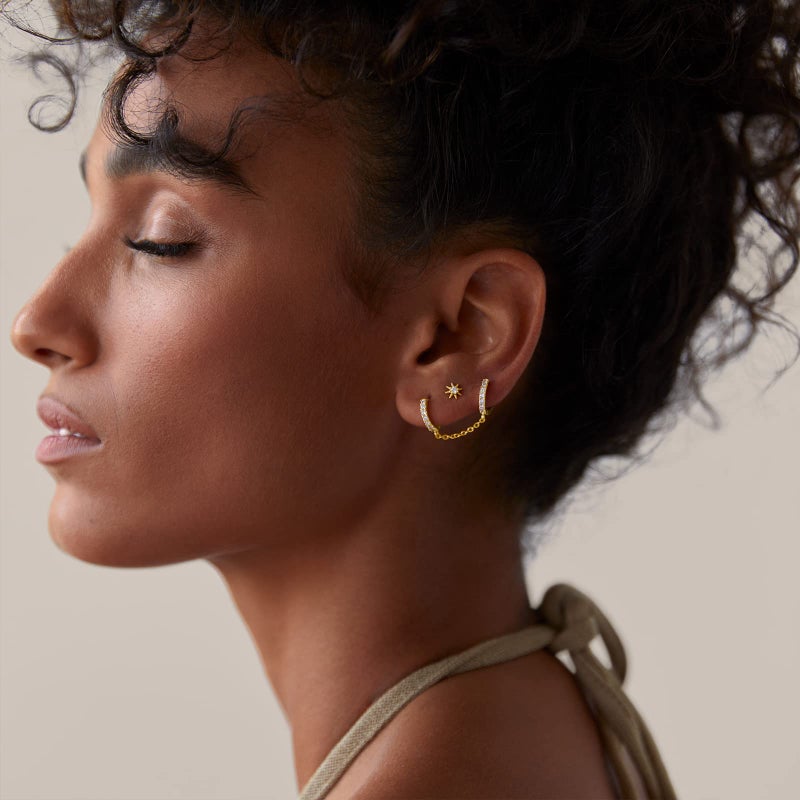 PAVOI 14K Gold Chain Earrings for Women | Double Piercing Dangle Chain Huggie Hoop Earrings | Cubic Zirconia Pearl Stud Ear Cuff Earrings for Women - Image 4