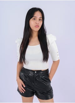Women’s Elastic Cuff Sleeves Round Neck Crop Top in New Cream
