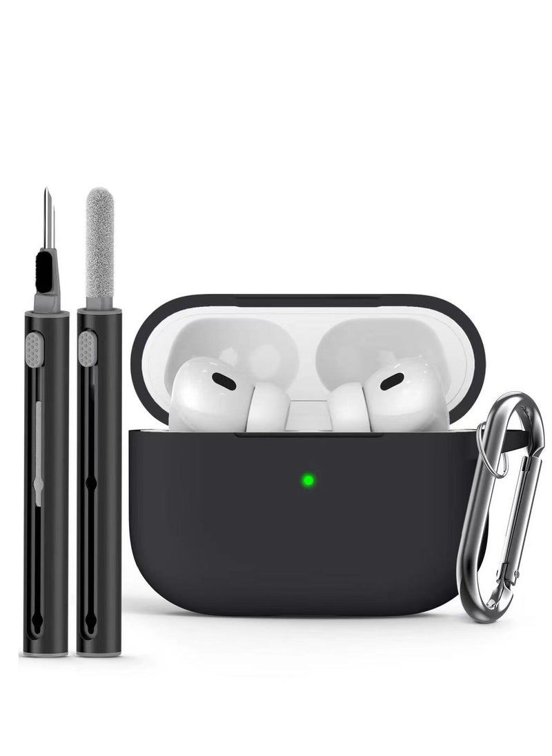 Generic - Drop-proof, Fingerprint-resistant Soft Silicone Case for AirPods Pro 2/Pro with Cleaning Kit and Keychain (Black) - Image 1