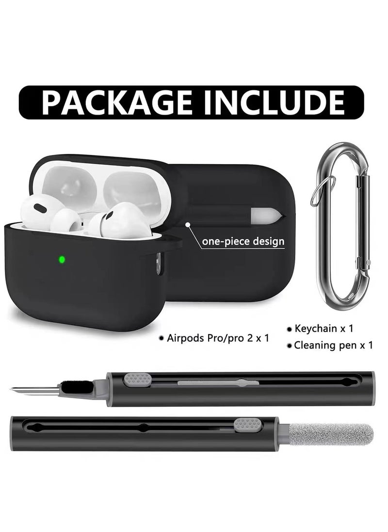 Generic - Drop-proof, Fingerprint-resistant Soft Silicone Case for AirPods Pro 2/Pro with Cleaning Kit and Keychain (Black) - Image 1
