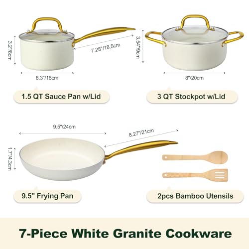 M MELENTA Pots and Pans Set Non Stick 7 Piece White Granite Induction Cookware Set Nonstick Kitchen Cooking Set with Gold Handle and Utensil Oven Safe PFOS PFOA Free - Image 3