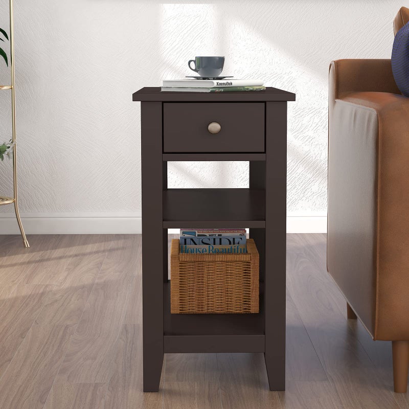 ChooChoo Side Table Living Room, Narrow End Table with Drawer and Shelf, 3-Tier Sofa End Table for Small Space, Espresso - Image 3