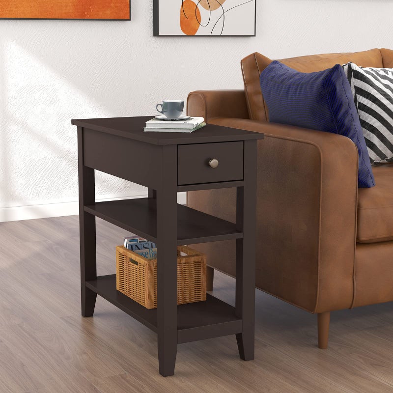 ChooChoo Side Table Living Room, Narrow End Table with Drawer and Shelf, 3-Tier Sofa End Table for Small Space, Espresso - Image 1
