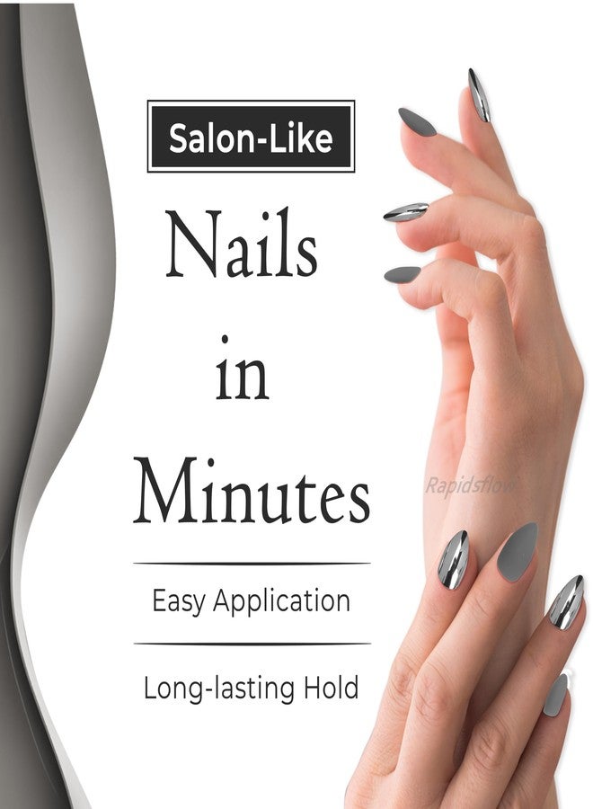 رابيدز فلو أظافر صناعية ثنائية اللون من رابيدز فلو مع غراء مُختَبَر ذاتيًا - 24 قطعة أظافر ضغط بلمسة نهائية غير لامعة ولامعة، لا حاجة لأدوات للاستخدام المنزلي والصالون (فضي) - Image 3