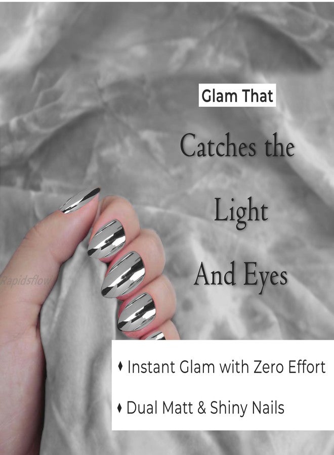 رابيدز فلو أظافر صناعية ثنائية اللون من رابيدز فلو مع غراء مُختَبَر ذاتيًا - 24 قطعة أظافر ضغط بلمسة نهائية غير لامعة ولامعة، لا حاجة لأدوات للاستخدام المنزلي والصالون (فضي) - Image 5