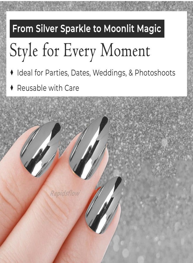 رابيدز فلو أظافر صناعية ثنائية اللون من رابيدز فلو مع غراء مُختَبَر ذاتيًا - 24 قطعة أظافر ضغط بلمسة نهائية غير لامعة ولامعة، لا حاجة لأدوات للاستخدام المنزلي والصالون (فضي) - Image 2