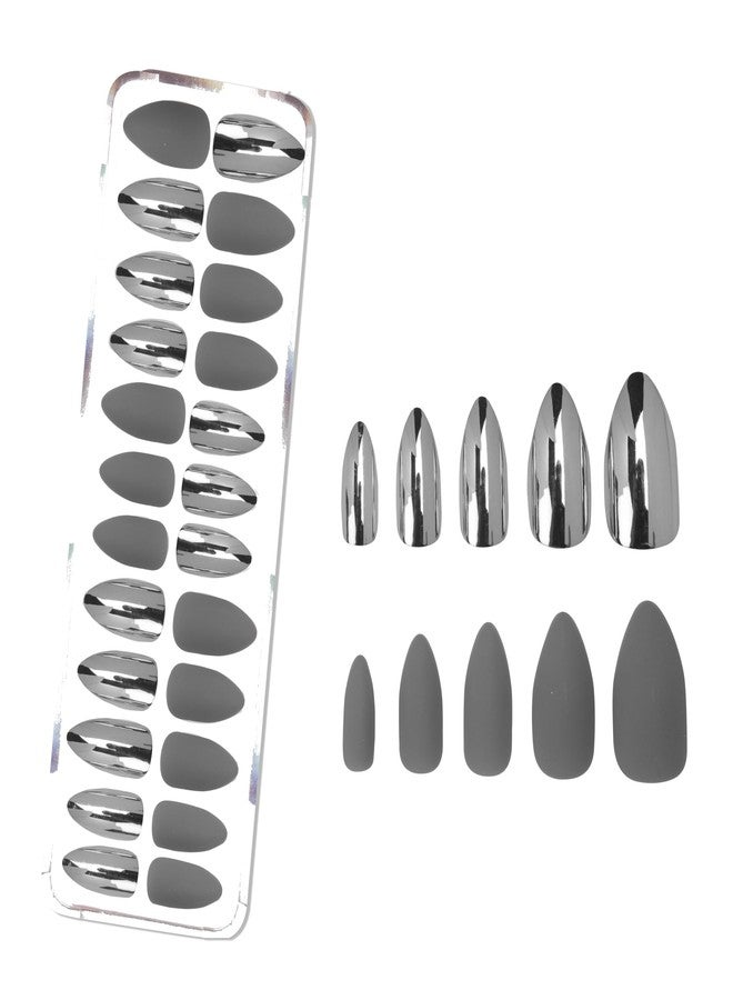 رابيدز فلو أظافر صناعية ثنائية اللون من رابيدز فلو مع غراء مُختَبَر ذاتيًا - 24 قطعة أظافر ضغط بلمسة نهائية غير لامعة ولامعة، لا حاجة لأدوات للاستخدام المنزلي والصالون (فضي) - Image 1