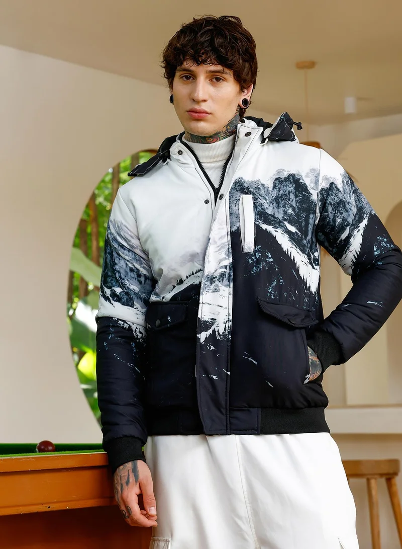 كامبوس سوترا Men's Snowcaps Zip-Front Puffer Jacket | Stand Collar , Ribbed Cuff Sleeves , Flap-Button Closure , Rib-Straight Hem | Digital Placement Print Woven Plain For Casual & Daily | Black