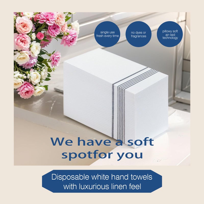 DaYammi 100 PCS Silver Napkins Disposable Hand Towels  Soft and Absorbent Linen Feel Dinner Napkins  disposable hand towels  White and Silver Paper Napkins  Paper Guest Towels for Bathroom Kitchen Party - Image 1