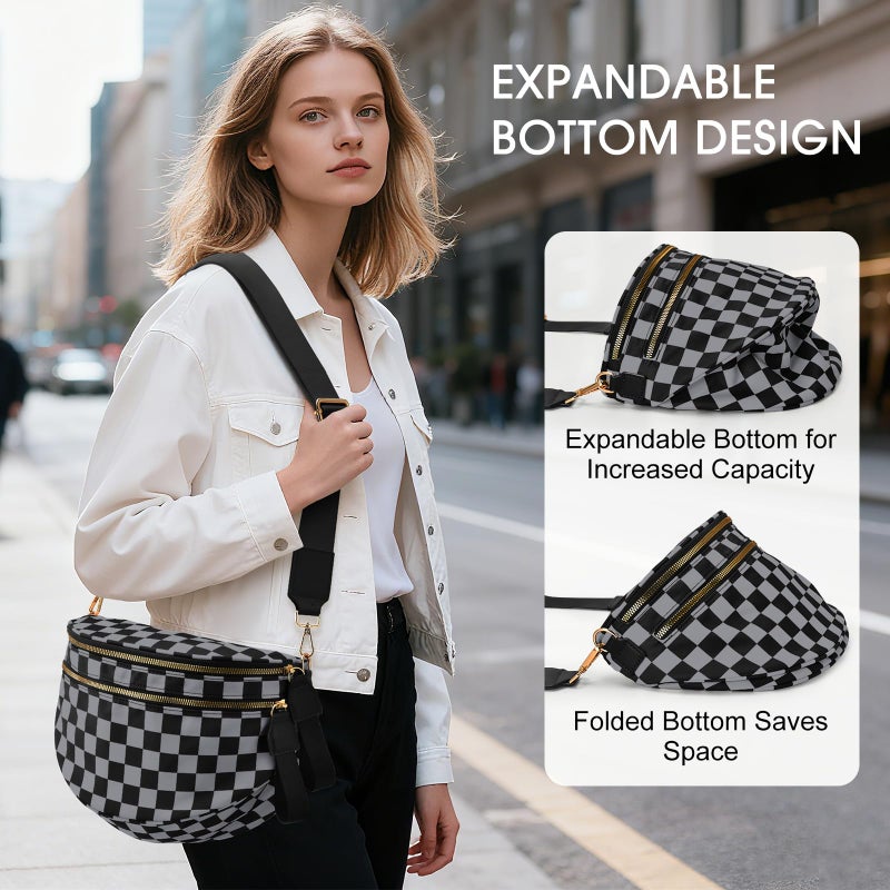 Becokan Checkered Nylon Crossbody Bag Bum Bag for Women Mom Spacious Checkered Crossbody Purses Shoulder Handbag - Image 5