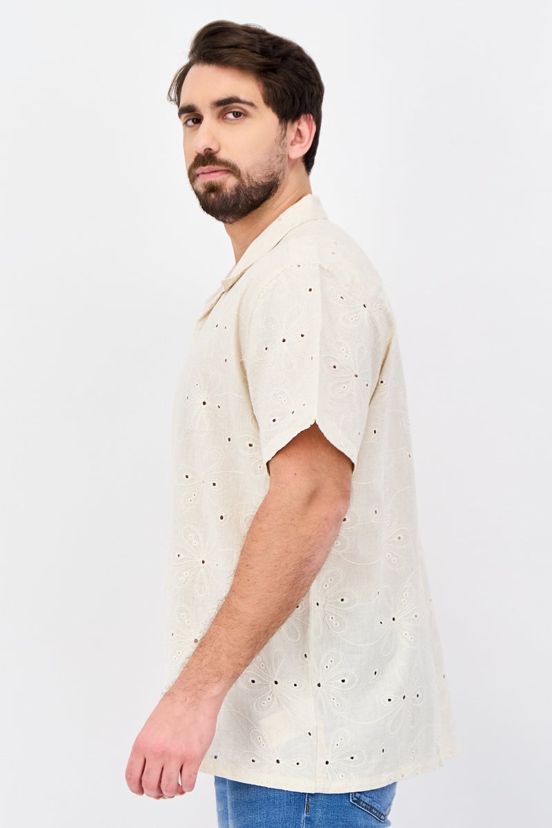 Threadbare Men Regular Fit Short Sleeve Eyelet Casual Shirt, Beige - Image 2