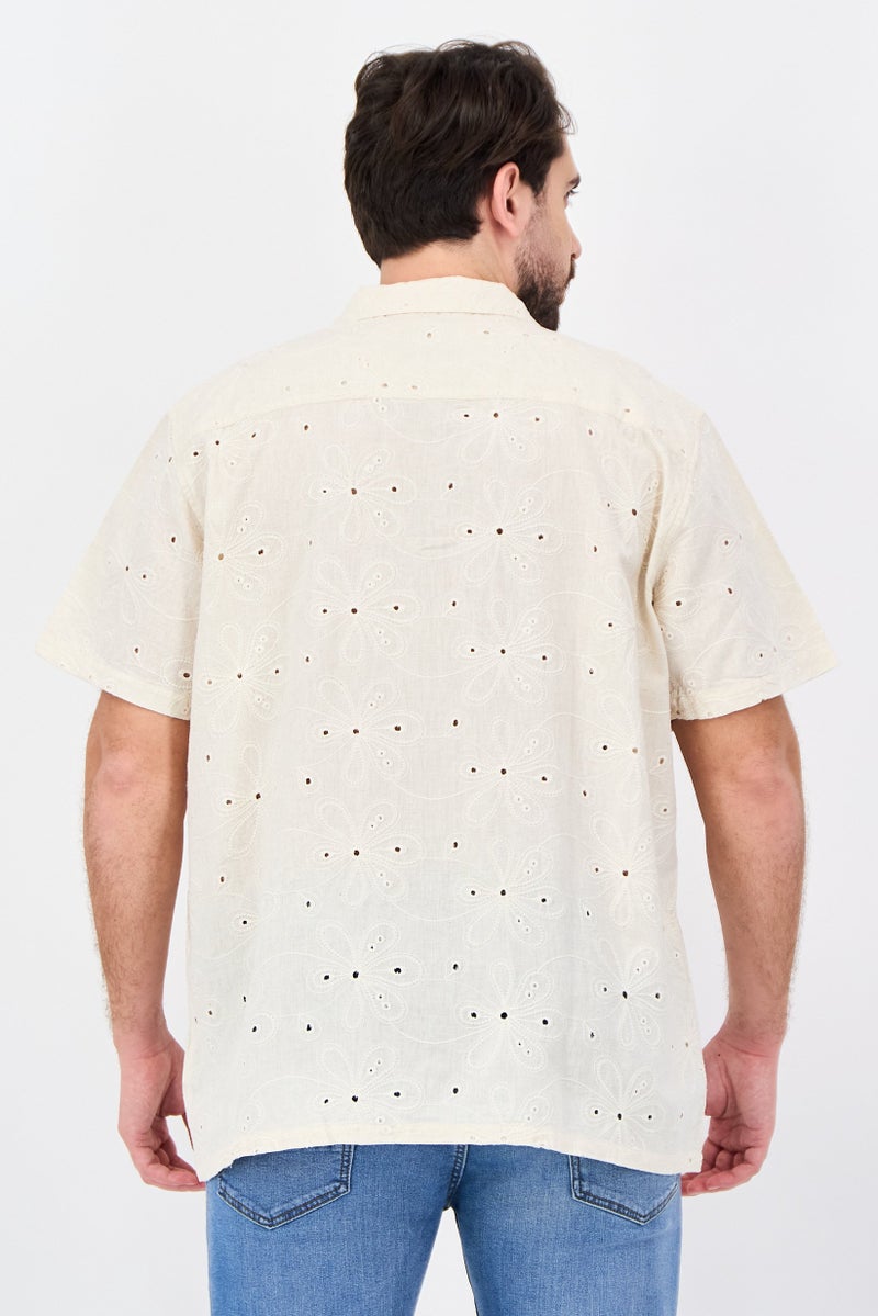 Threadbare Men Regular Fit Short Sleeve Eyelet Casual Shirt, Beige - Image 3